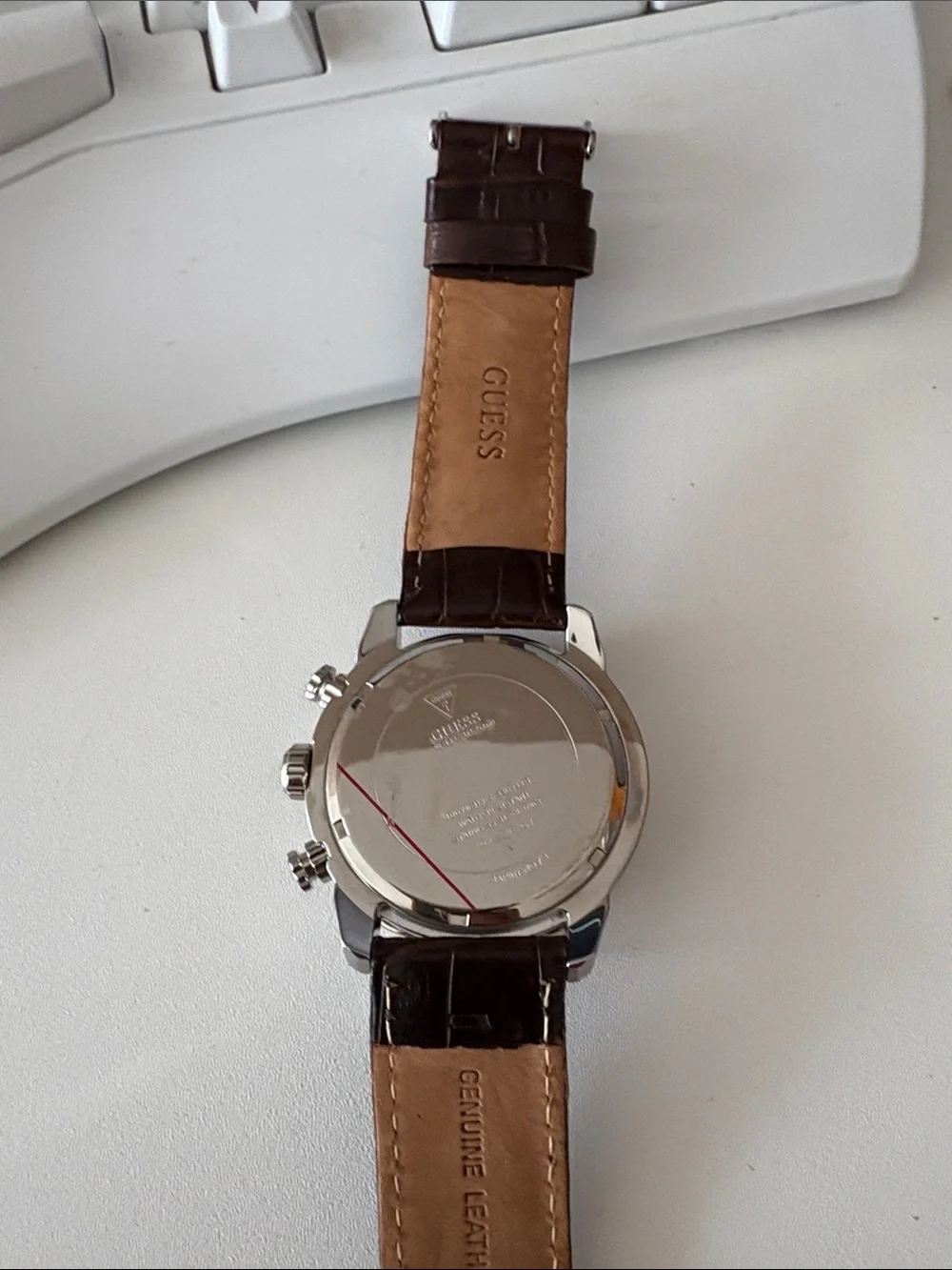 Guess Silver and Gold Chronograph Watch with Dark Brown Leather Strap
